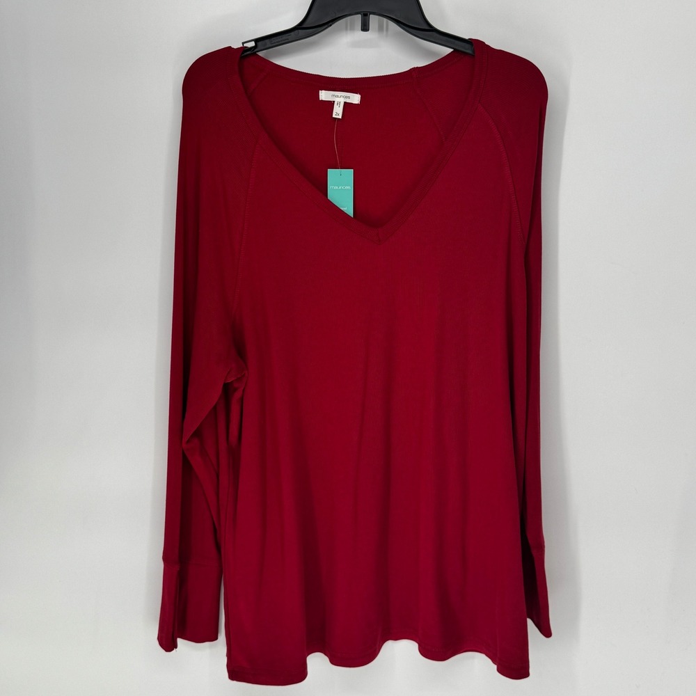 Maurice's Red V-Neck Long Sleeve Ribbed Knit Top Plus Size 2X Pullover Soft New